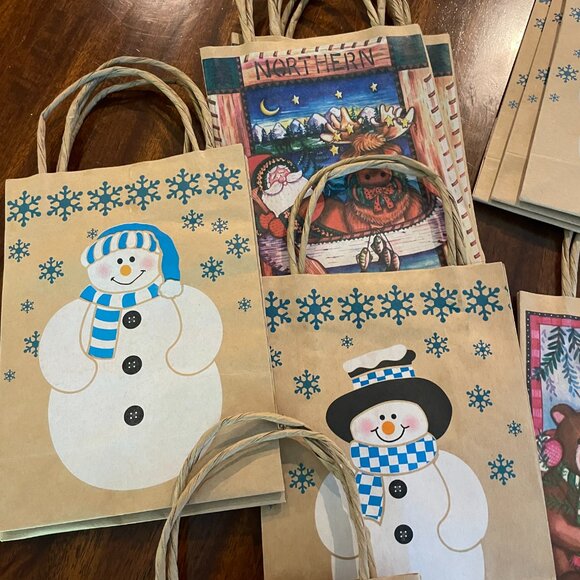 New Set of 13 Christmas Kraft Paper Gift Bags Snowman, Santa, Bears 9" x 6" - Picture 2 of 5